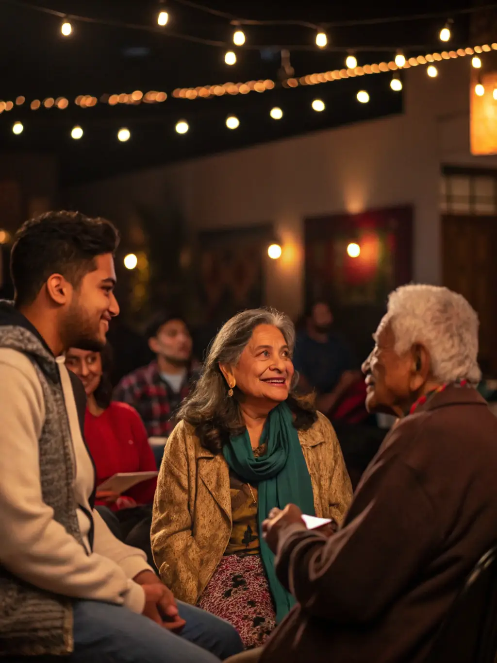An image of a community information session with people gathered around a table, discussing important topics.