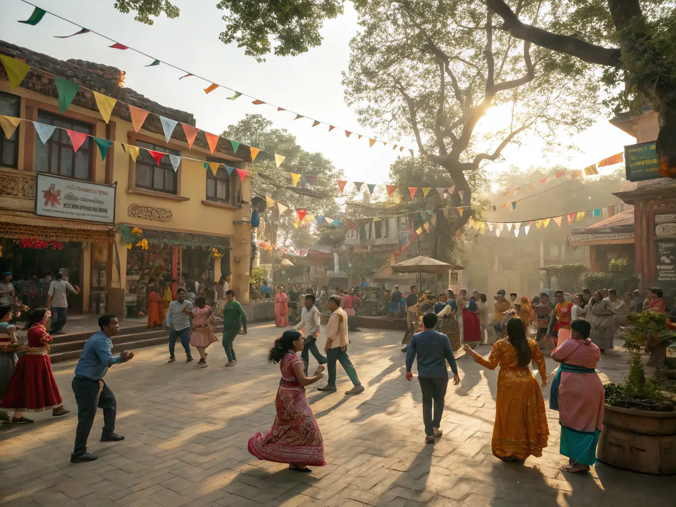 A vibrant scene of community members participating in a cultural exchange event organized by the association, showcasing traditional music, dance, and cuisine from different cultures.