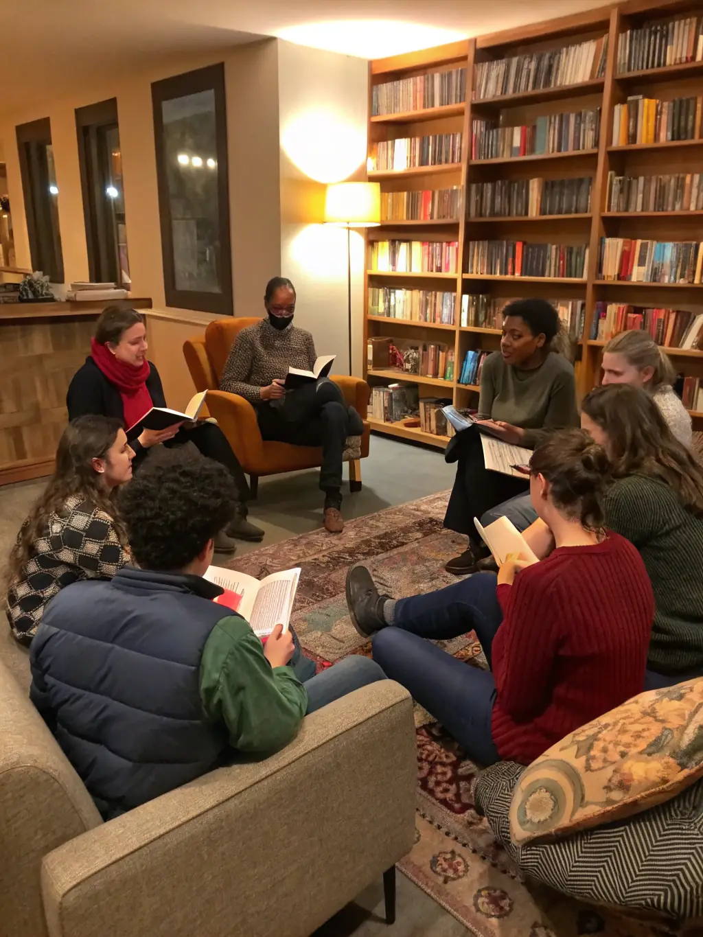 An image showing a group of children and adults participating in a reading workshop in a bright and welcoming room.