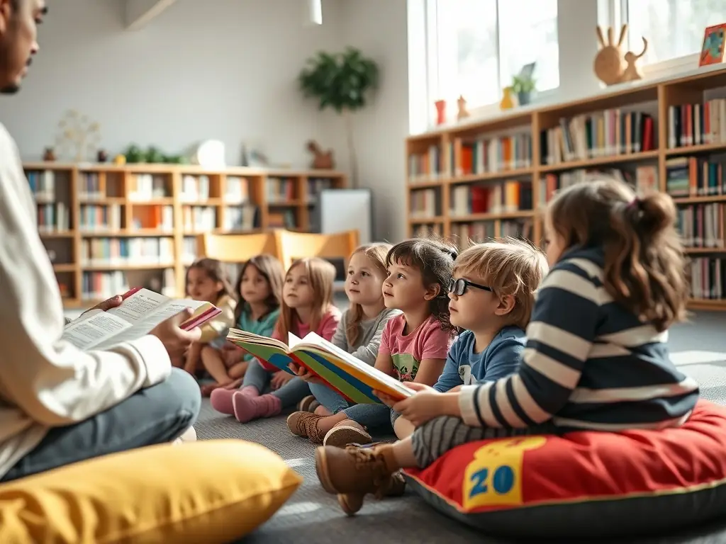A group of children participating in a reading workshop at the local community center, surrounded by books and engaged in a storytelling session, reflecting the association's commitment to promoting literacy and education.