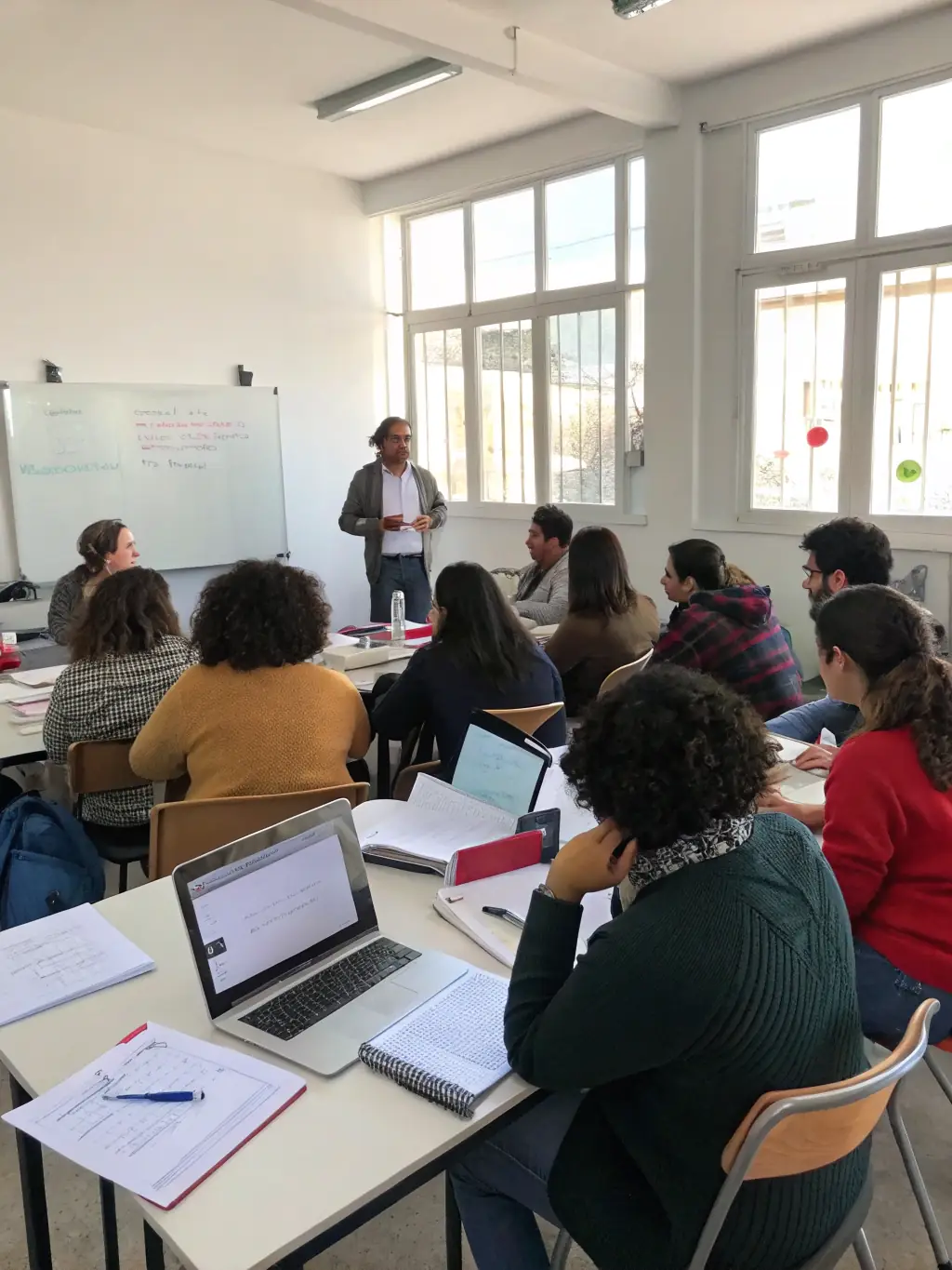 An image of a group of people attending an educational workshop, with a facilitator leading the session.